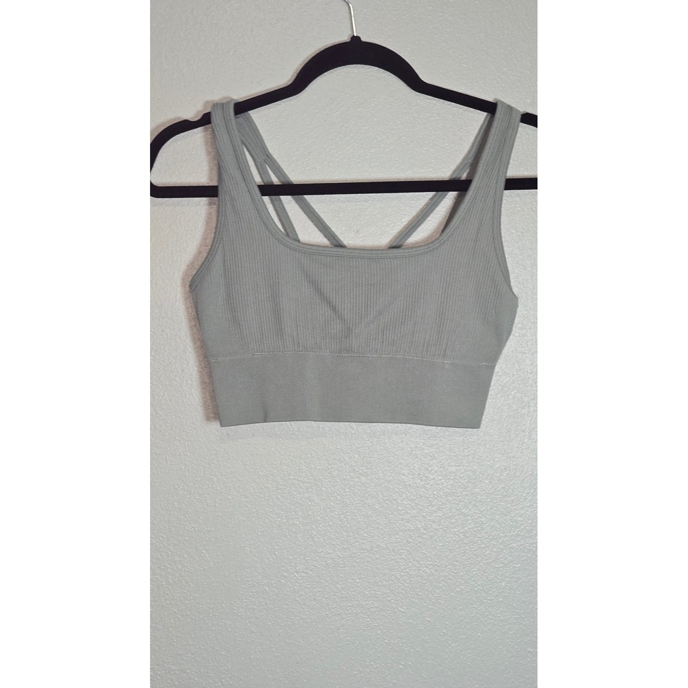 Aerie Sports Bra Large Sage Green Ribbed Seamless Strappy Cross Back Activewear